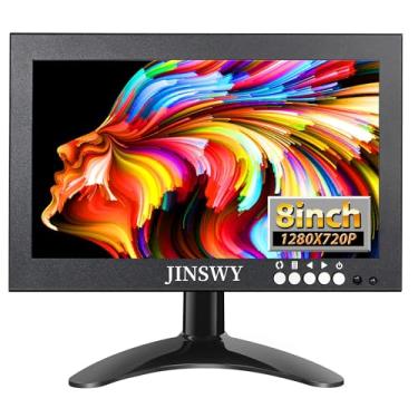 Imagem de JINSWY Monitor HDMI pequeno de 8 polegadas, tela de monitor de segurança 1280 x 720 16:9 IPS, portátil, mini monitor CCTV, compatível com controle remoto de entrada HDMI/VGA/AV/BNC, alto-falantes