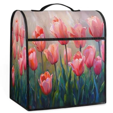 Imagem de Capa para misturador Kitchen Aid compatível com pintura de 6 a 8 litros de tulipas rosa, capa para misturador, flor vermelha, capa protetora contra poeira com bolso com zíper, acessórios para