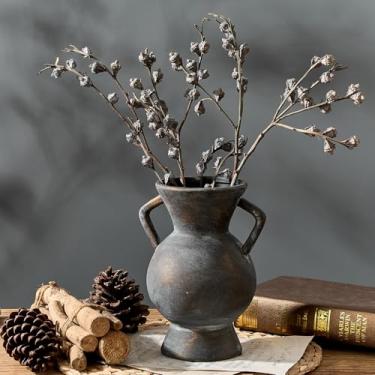 Imagem de LUKA Vaso de cerâmica antigo com 2 alças, vaso rústico de 23,5 cm, decoração minimalista, vasos decorativos para decoração de casa, mesa, sala de estar, prateleira, decoração de Natal (grande, preto)