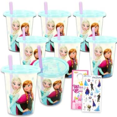 Imagem de Conjunto de copos reutilizáveis de 290 ml Frozen - Pacote com 8 copos recarregáveis com tampas e canudos para material escolar, esportes, suprimentos de festa, mais | Copos Disney Frozen para