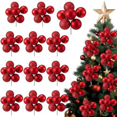 Imagem de Soulchen Pacote com 12 bolas de Natal de 5 cm, enfeite de árvore de Natal inquebrável com haste com fio, bolas de glitter fosco para festas de ano novo, guirlanda de centro de mesa (vermelho)