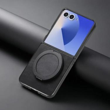 Imagem de Capa para Galaxy Z Flip6 com suporte giratório 360° e suporte magnético de couro (para Galaxy Z Flip6/preto)