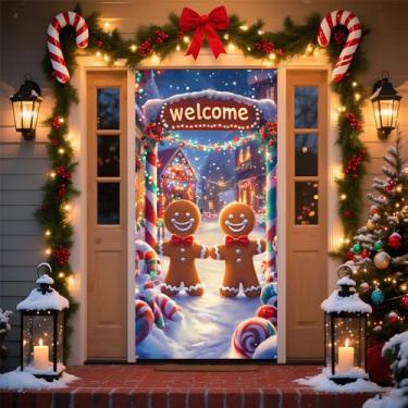Imagem de Decorações de Natal, faixa de Feliz Natal, sinal de porta de varanda para decoração de festa de inverno suprimentos (pão de gengibre, 70,8 x 35,4 polegadas)