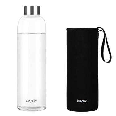 Imagem de LETREEN Garrafa de água de vidro de 947 ml, garrafa de água de vidro borossilicato com manga de neoprene, livre de BPA, à prova de vazamento, reutilizável para bebidas quentes e frias, trabalho
