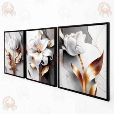 Imagem de Trio Quadro Decorativo Tulipa Branca e Dourada Elegância em Tela Acetinada, pronto para pendurar (50x35cm (total 105x50cm), Sem moldura)
