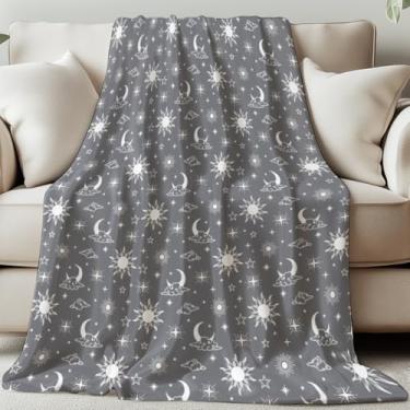Imagem de GLOBLELAND Manta de sol e lua 150 x 129 cm nuvens de estrelas cobertor de flanela aconchegante cinza lavável felpudo cobertor para sofá, cadeira, sofá-cama, dormitório, casa