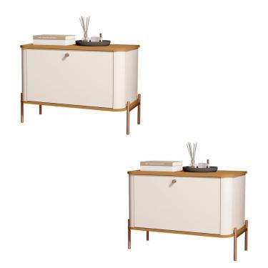 Imagem de Kit 2 Mesa De Cabeceira Quarto Tucupí 1 Porta E Pés De Metal Off White-Nature-Bronze