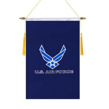 Imagem de TMHTMH Bandeira de parede com asas da Força Aérea dos EUA, 45,7 x 30,5 cm, poste de madeira e acabamento acetinado duplo, bandeira militar, para sala de casa, sala de aula escolar, clube e porta