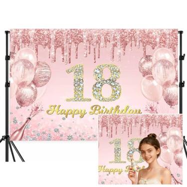 Imagem de Fundo de feliz aniversário de 18 anos, rosa cintilante, faixa de festa para adultos de 18 anos, tema de dezoito anos com glitter, decoração de festa, fundo fotográfico, 18 x 1,5 m