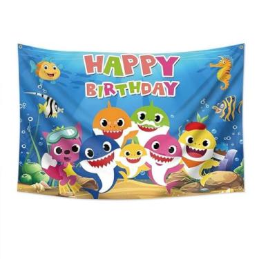 Imagem de Pano de fundo de aniversário de tubarão - fundo grande de desenho animado de 1,8 x 1,8 m para decoração de chá de bebê, pano de fundo de fotografia infantil, suprimentos de festa com tema de mar para