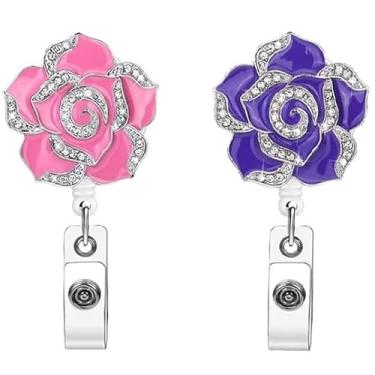 Imagem de 2 peças porta-crachá de flor rosa roxa retrátil com glitter diamante carretel de crachá de identificação com clipe jacaré para escritório, enfermeira, crachás de identificação e suprimentos