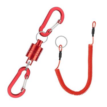 Imagem de VQORAHUIX Rede magnética de liberação de rede de pesca com mosca retrátil chaveiro magnético, para pesca com mosca com cordão retrátil em espiral mosquetão