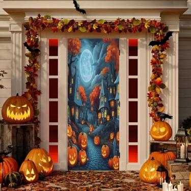 Imagem de Wassud Spooky Halloween Village Door Cover Decoration Outdoor Indoor Banner Varanda Decoração de Casa Grande Decoração de Porta da Frente 91 x 242 cm