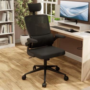 Imagem de Cadeira Ergonômica Escritório Presidente Giratória Apoio Lombar Encosto Telado Braços Rebatíveis Confortável Preta Preto