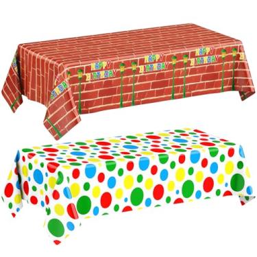 Imagem de Oudain 2 folhas de toalha de mesa de parede de tijolo vermelho, decoração de festa para rua, tijolo vermelho, toalha de mesa, 137 x 272 cm, capa de mesa com pontos coloridos, artigos de festa de