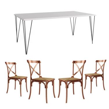 Imagem de Conjunto De Mesa Elen Retangular Tampo De Madeira 140X80Cm Branco Com 4 Cadeiras Katrina Cobre