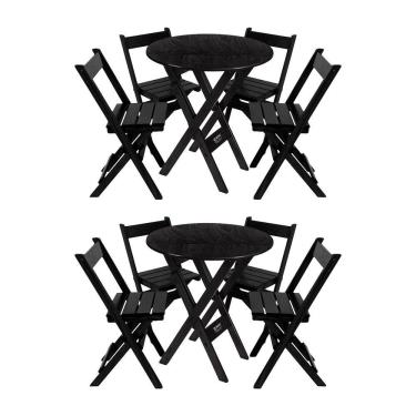 Imagem de Kit 2 Conjuntos Mesa Redondo 70cm Dobrável Com 4 Cadeiras Em Madeira Maciça - Preto - Preto