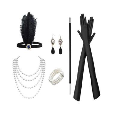 Imagem de Conjunto De Fantasia Flapper Dos Anos 1920 Com Tiara De Penas, Colar D