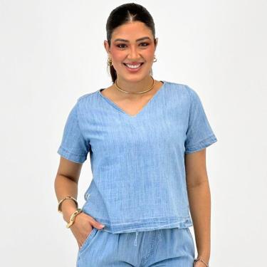Imagem de Blusa Malwee Manga Curta em Jeans Gola V Feminino-Feminino