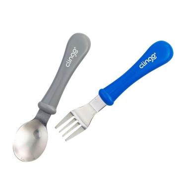 Imagem de Kit Garfo e Colher Infantil Metal Colors Azul-cinza para Bebê Tpc em Aço Inoxidável com Cabo