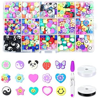 Imagem de 15 Estilos De Grânulos De Espaçador De Argila De Polímero De Desenhos Animados Tema De Flor De Fruta Com 2 Rolos De Corda Elástica E Tesoura,Colar Cor Sortida