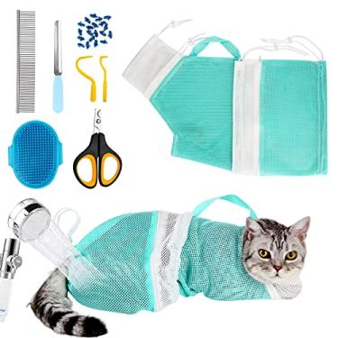 Imagem de Conjunto de 8 peças para gatos para banho com rede de chuveiro de gato, escova ajustável para cuidados de animais de estimação, cortador de unhas, pentes de cabelo, ferramenta de carrapato, kit de suprimentos de limpeza de banho para gatos e cães