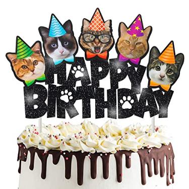 Imagem de Topo de bolo de feliz aniversário com tema de gato, decoração de bolo para festa de aniversário Meow Kitty Cat