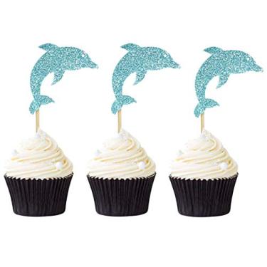 Imagem de Pacote com 24 topos de cupcake golfinho azul glitter tema mar palitos de cupcake chá de bebê decoração de festa de aniversário suprimentos