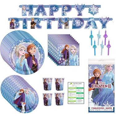 Imagem de Pacote de suprimentos de festa de aniversário inspirados em Frozen 2: pratos grandes/pequenos, copos, guardanapos, capa de mesa, banner, velas - 16 convidados