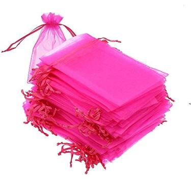 Imagem de LPHUMEX 100 peças 12,7 x 17,7 cm sacos de organza com cordão, sacos de presente para presente, bolsas de joias rosa choque, para festa de casamento de Natal