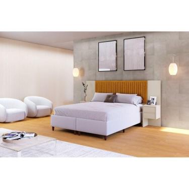 Imagem de Cabeceira Extensível Florida com Painel Ripado 2 Mesas de Cabeceira com 2 Gavetas Off White/Marromle