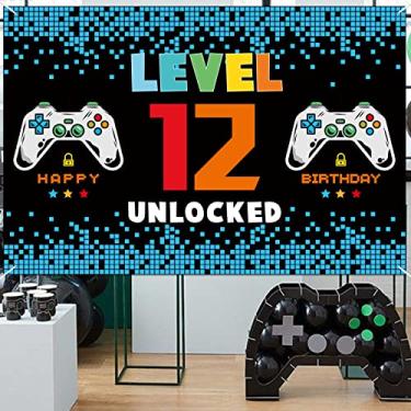 Imagem de 1,2 x 1,8 m Faixa de decoração de festa de videogame de feliz aniversário de 12 anos azul e preto – Pano de fundo desbloqueado para cabine de fotos nível 12 suprimentos de festa para meninas e meninos