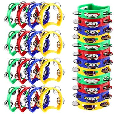 Imagem de TAICHEUT Pacote com 28 sinos de pandeiro de percussão de plástico de 10 cm, mini pandeiro de meia lua em 4 cores para festa, aniversário, concerto e presente