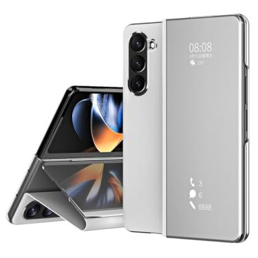 Imagem de POYUFRG Capa flip para Samsung Galaxy Z Fold 6, Smart Clear View Makeup Mirror Plating Hard PC Kickstand Slim Leather Capa protetora de corpo inteiro, prata