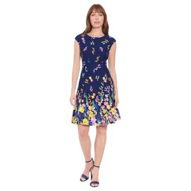 Imagem de London Times Vestido feminino justo e rodado elegante verão coquetel formatura jardim festa casamento convidada, Azul-marinho/amarelo limão, 44