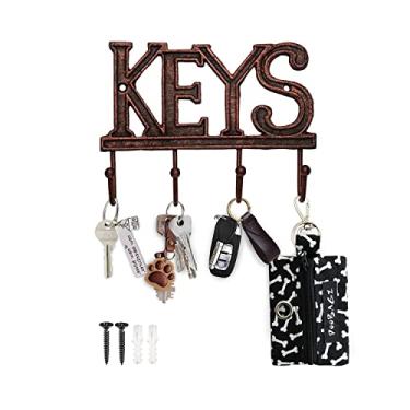 Imagem de Porta-chaves para parede – Organizador de chaves rústico decorativo de casa de fazenda de ferro fundido – 4 ganchos para chaves – Porta-chaves vintage para entrada com parafusos e âncoras – 15 x 20 cm