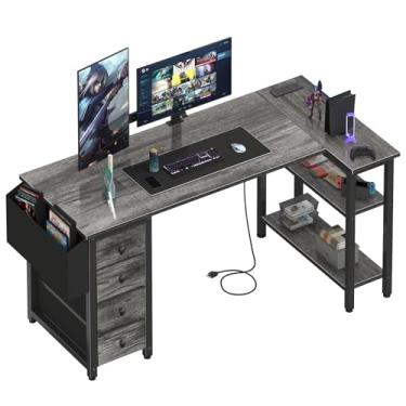 Imagem de Lufeiya Mesa de jogos em forma de L com gavetas e prateleiras de armazenamento, mesa de canto para computador de 139 cm com tomada elétrica para quarto de escritório em casa, escritório, mesa de