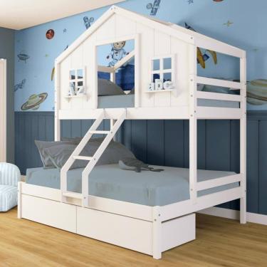 Imagem de Beliche Casal/ Solteiro Casinha Dos Sonhos Com 02 Gavetas Madeira Maciça Branco Megamobilia