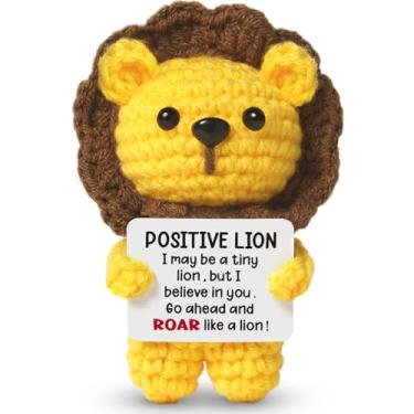Imagem de Mini leão de crochê positivo, presentes inspiradores de crochê feitos à mão, suporte emocional para mulheres, lindo animal de pelúcia de crochê, presente de alívio de estresse para mulheres, ideia de
