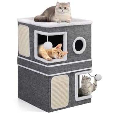 Imagem de Shikha Casa para gatos de 2 andares para gatos internos, separada em 2 grandes cavernas com cama para gatos com condomínios escondidos, almofadas para arranhar, bolas suspensas, casa interna