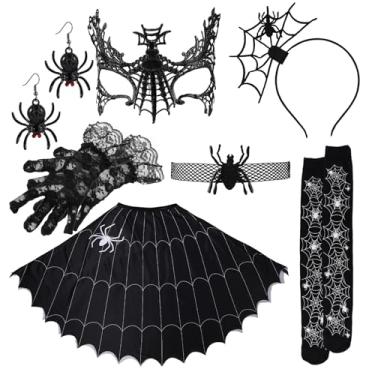 Imagem de Lyreh 7uds Fantasia Aranha Halloween para Mulheres, Gótico Poncho Teia Aranha com Brincos Luvas Renda Máscara Meias Longas Gargantilha & Tiara para Acessórios Fantasia Festa Halloween