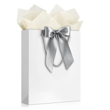 Imagem de JMANNI Saco de presente, 1 bolsa de presente grande com fita e 1 cartão de felicitações, 2 lenços de papel, bolsa de presente de papel portátil com alças, sacolas de presente de aniversário, sacolas