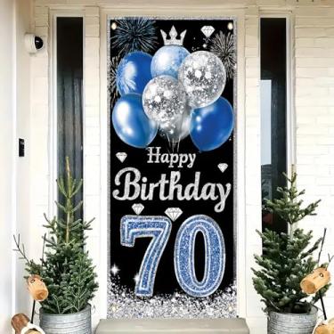 Imagem de Saoplasa Capa de porta de aniversário de 70 anos, faixa de 178 x 89 cm, decoração de pendurar com glitter, azul, prata, para homens, mulheres, feliz septuagésimo aniversário, pano de fundo para festa