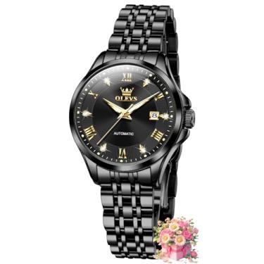 Imagem de OLEVS Relógio feminino automático diamante luxo data vestido feminino clássico auto-liquidação relógios de pulso luminosos à prova d'água, L6702: Pulseira preta e mostrador preto