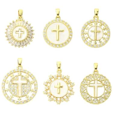Imagem de Ipotkitt 6 peças, 6 estilos, berloques de cruz de zircônia cúbica de latão, formato redondo, padrão de crucifixo, pingentes religiosos para artesanato faça você mesmo, joias, pulseira, colar, brincos