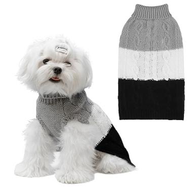 Imagem de EXPAWLORER Suéter para cachorro com orifício de trela - suéteres de outono para cães meninas meninos, roupas de tricô clássicas de gola rolê para clima frio, roupa de cachorro de malha de cabo, casaco, roupas para animais de estimação (preto e cinza, G)