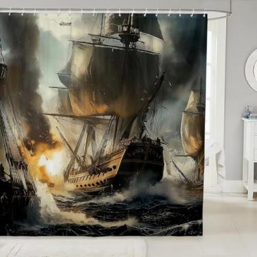 Imagem de Erosebridal Conjunto de cortina de chuveiro de veleiro, conjunto de banheiro náutico pirata para quarto de crianças, meninos, homens, veleiro, navio à vela, decoração de banheiro, oceano marinho,