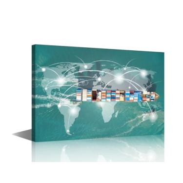 Imagem de Impressão de imagem de navio de contêiner grande em tela decoração de parede para sala de estar arte de parede logística emoldurada arte de parede em tela pintada à mão pinturas a óleo grande arte