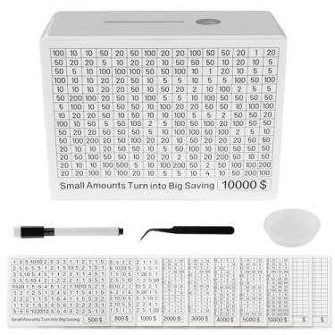 Imagem de LCZNXJJY Caixa de Desafio 10000 Poupança, Caixa de Poupança de Dinheiro com 8 Adesivos de Alvos, Caixa de Poupança de Cofre de Dinheiro de Madeira, Caixa de Dinheiro Reutilizável, Balcão de Moedas