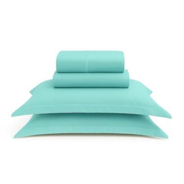 Imagem de Jogo de Lençol 4 Peças Percal 100% Algodão Premium, Branco, Com Fronhas de Aba, Qualidade Hoteleira (Verde, Super King)